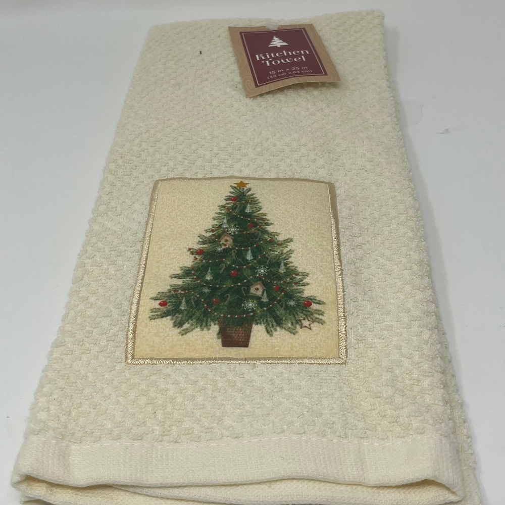 Christmas Kitchen Towel Ivory with Decorated Tree Embroidered Holiday Decor